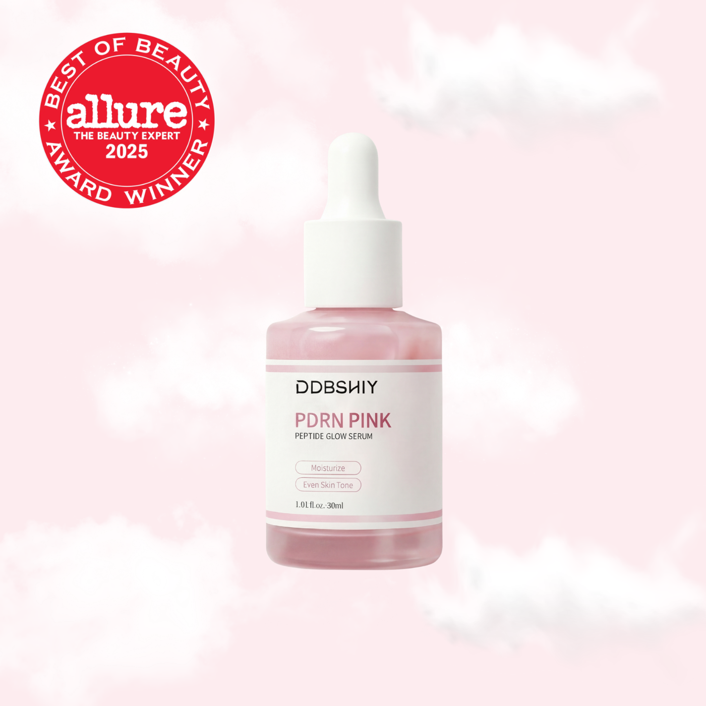 das jijo DDBSHIY PDRN Pink Peptid Anti-Aging Serum in einer 30-ml-Flasche, das die rosa Farbe des Serums und die elegante Verpackung zeigt