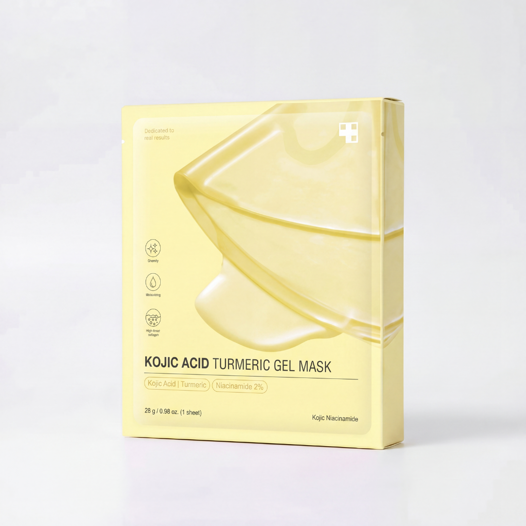 thejijo Kojic Acid Turmeric Gold Collagen Mask featuring a gold-colored facial mask and natural ingredients for skin brightening