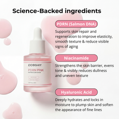 DDBSHIY PDRN Pink Peptid Anti-Aging Serum von the jijo, 30-ml-Flasche mit rosa-weißem Verpackungsdesign vor weißem Hintergrund.