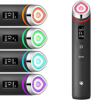 Black electronic device with color-changing accents on a white background