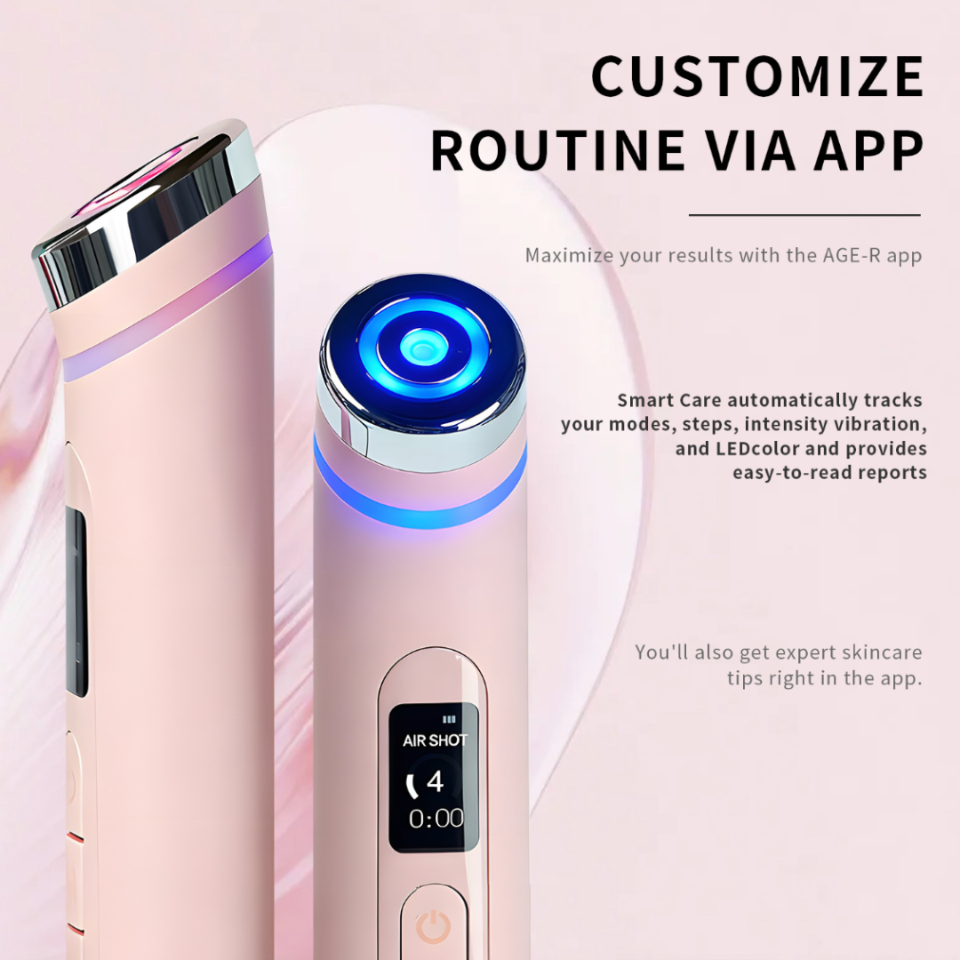 Beauty device with digital display and blue light on a pink background, featuring text about app customization.