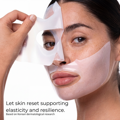 Woman applying a face mask with text about skin elasticity and resilience.