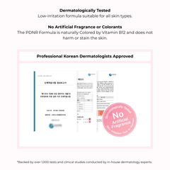 Produktinformationskarte mit dermatologischen Testergebnissen auf weißem Hintergrund