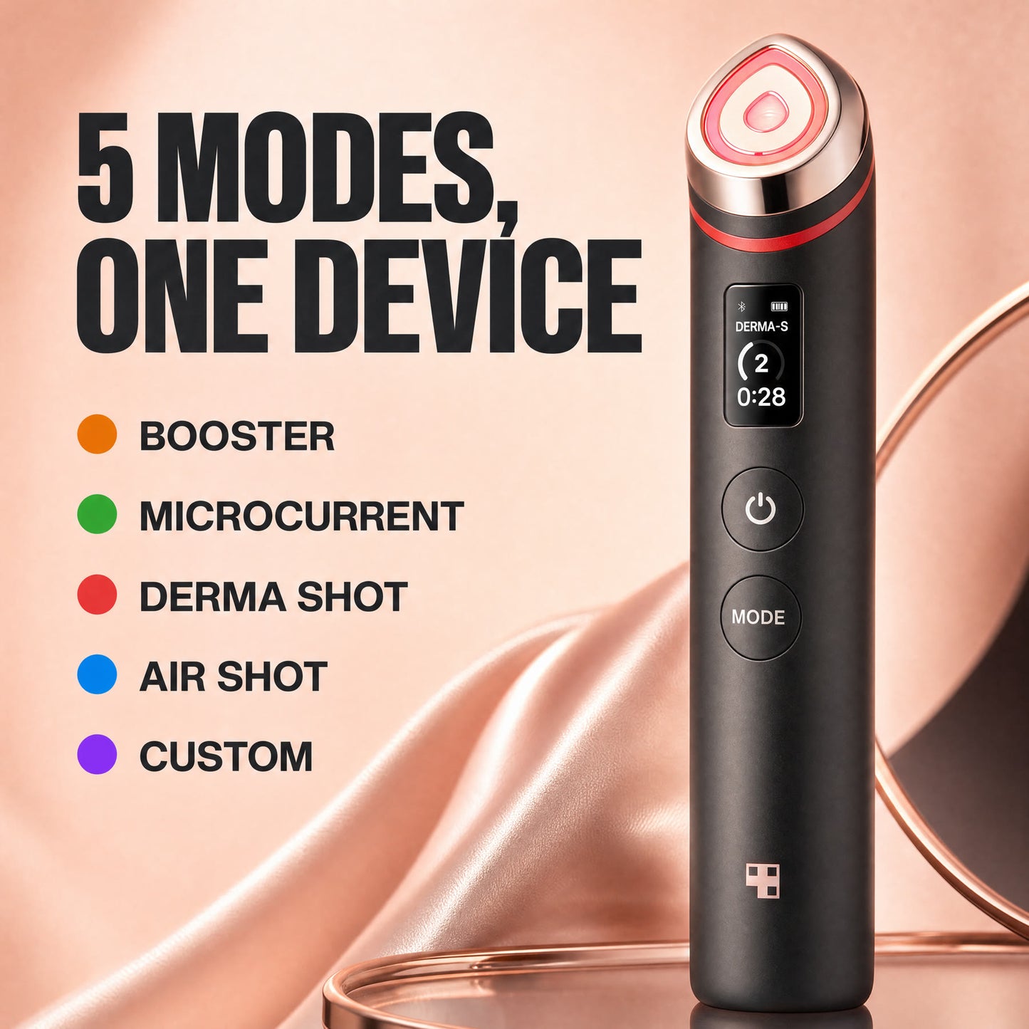 Red Light Booster five modes: Booster, Microcurrent, Derma Shot, Air Shot, Custom